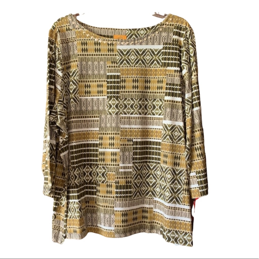 RUBY RD PLUS PLUS SIZE 3/4 SLEEVE GEOMETRIC PRINT STUDDED NECK SIZE 2X